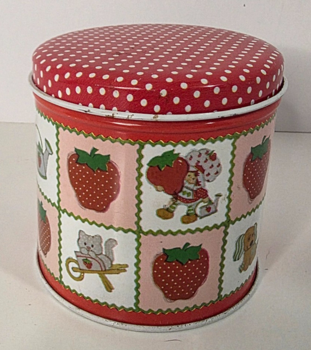 Vintage Strawberry Shortcake Tin Canister Red Polka Dot Lid Metal Storage